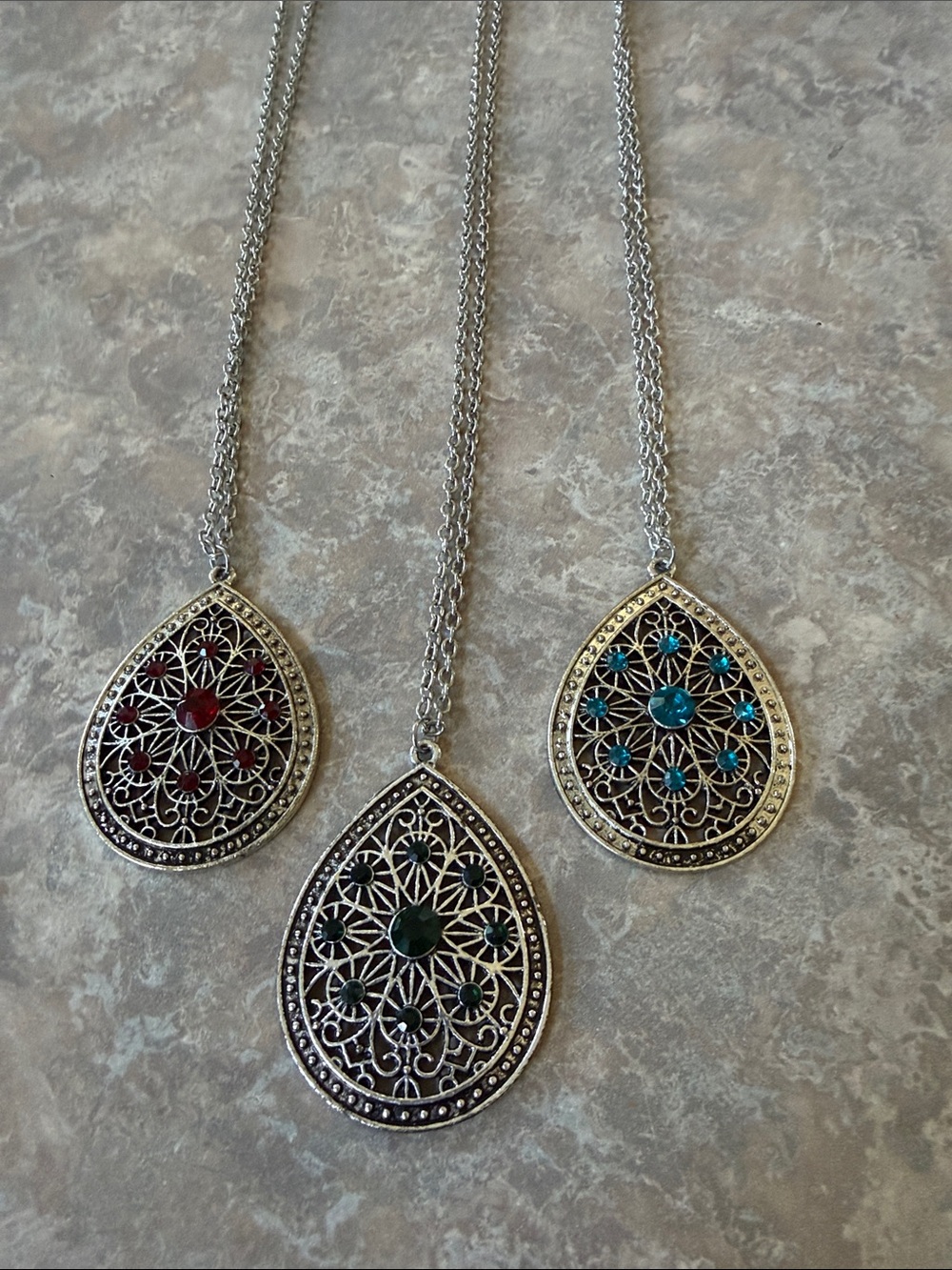 3-pack Filigree Teardrop Pendant Necklace with Colored Gem Accents
